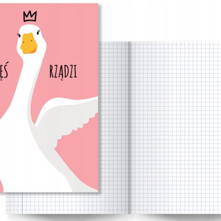 Zeszyt Gęś Pipa w koronie na różowym tle z napisem "Gęś Rządzi".