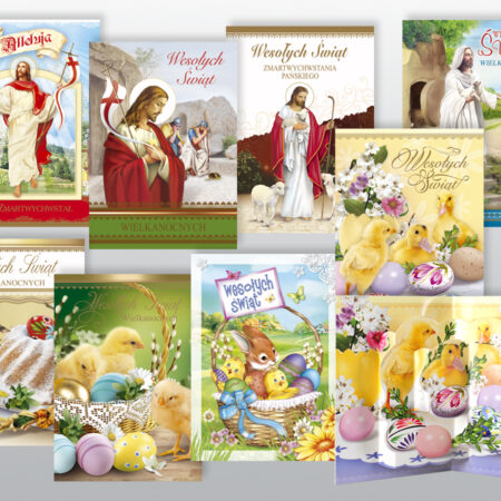 zestaw 8 karnetów wielkanocnych, u góry z motywem religijnym na dole z motywem świeckim. na dole po prawej rozłożony karnet przestrzenny świecki