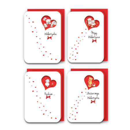 zestaw 4 karnetów na walentynki, karnety białe z czerwonymi kopertami. na każdym karnecie motyw serduszek