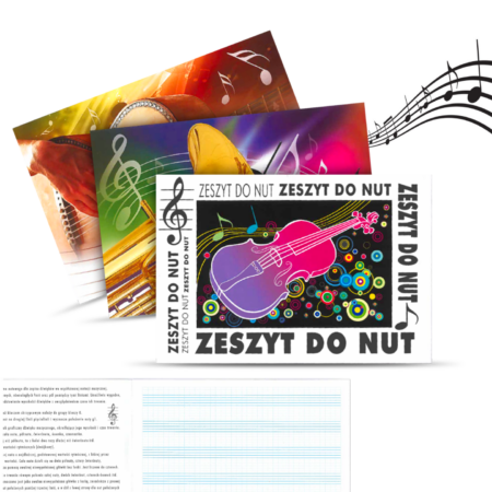 Zeszyty do nut w pięciolinię w różne wzory związane z muzyką.