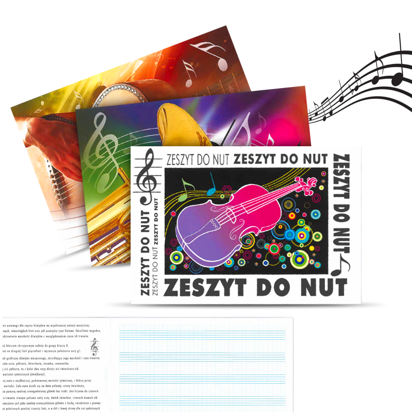Zeszyty do nut w pięciolinię w różne wzory związane z muzyką.