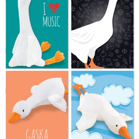 Zdjęcie ukazuje cztery okładki zeszytów z motywem białej gąski Pipy na kolorowych tłach. Na pierwszej okładce znajduje się gąska w słuchawkach na tle turkusowym z napisem „I LOVE MUSIC”. Na drugiej okładce gąska na czarnym tle z ikonami szkolnymi. Na trzeciej okładce jest pluszowa gąska na pomarańczowym tle z napisem „GĄSKA Z KLASĄ”. Na ostatniej okładce ukazana jest pluszowa gąska lecąca wśród chmurek na niebieskim tle z napisem „NO TO FRUUU…”.