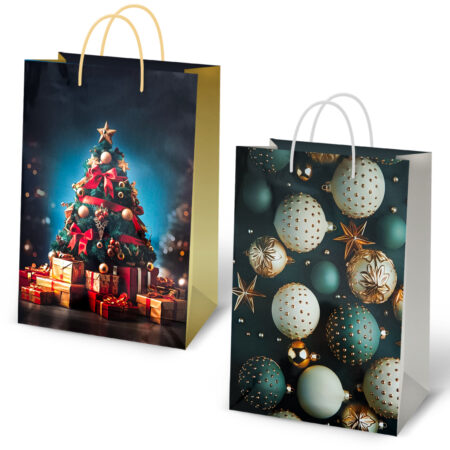 Torebki ozdobne świąteczne z motywem choinki i bombek.