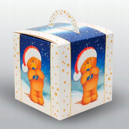 Pudełko świąteczne prezentowe biało-niebieskie z misiem.