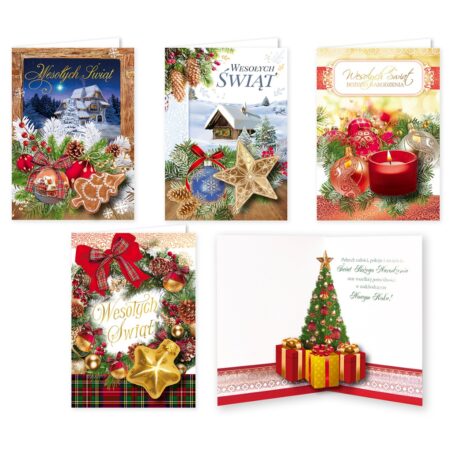 Kartki ozdobne bożonarodzeniowe w różnych wariantach.