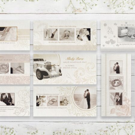 Kartki ozdobne dla młodej pary z okazji ślubu w kolorach beżu.