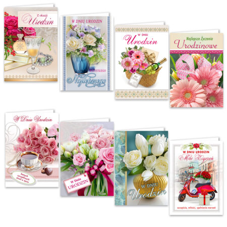 Kartki urodzinowe z motywami kwiatowymi.