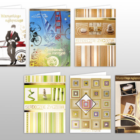 Kartki urodzinowe z różnymi motywami.