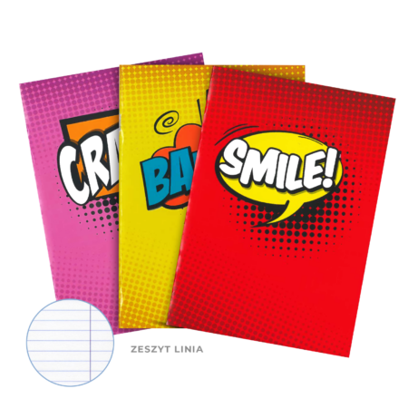 Kolorowe zeszyty w kreskówkowym stylu z różnymi napisami np. bang! SMILE! CRASH!