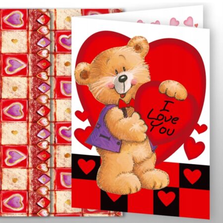 Kartka walentynkowa z misiem trzymającym serduszko z napisem "I love you".