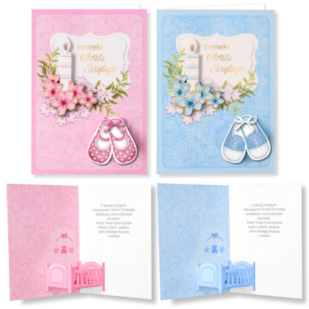 Kartki pamiątkowe z okazji Chrztu Świętego w kolorach różowym i niebieskim.