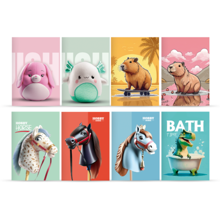 Zestaw kolorowych zeszytów w kratkę z zabawnymi i fantazyjnymi okładkami. W kolekcji znajdują się motywy pluszowych maskotek, kapibar, koników na patyku hobby horse oraz dinozaura w wannie.