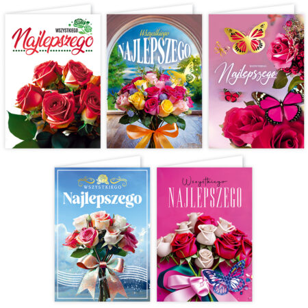 Kartki urodzinowe z motywami kwiatowymi.