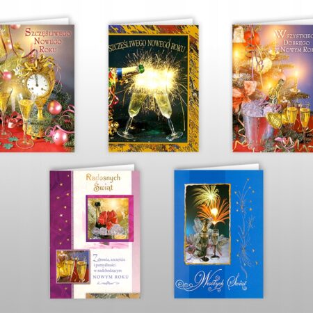 Mix kartek świątecznych bożonarodzeniowych świeckich z napisami Szczęśliwego Nowego Roku, Radosnych Świąt, Wesołych Świąt z motywami kieliszków do szampana