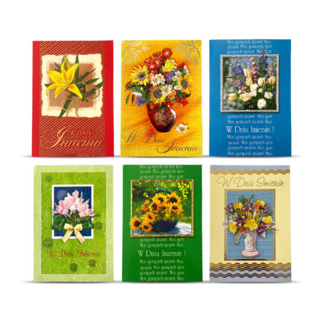 Mix sześciu karnetów z napisem W Dniu Imienin z motywami kwiatowymi