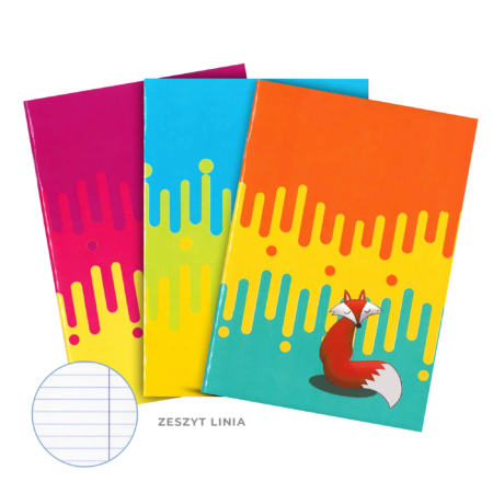 Zeszyty z trzykolorowymi okładkami i małymi zwierzątkami (piesek, lis, sowa, łoś)