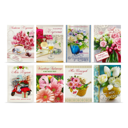 Zdjęcie przedstawia zestaw kartek imieninowych dla kobiet, ozdobionych romantycznymi motywami kwiatowymi. Wzory przedstawiają białe tulipany, różowe róże w koszu, bukiety gerber i róż, eleganckie kompozycje z kieliszkiem szampana, filiżanką kawy i czekoladkami, a także dynamiczny motyw z czerwonym skuterem i kwiatami. Utrzymane w pastelowych i eleganckich barwach, idealne na imieniny dla mamy, babci, cioci lub przyjaciółki.