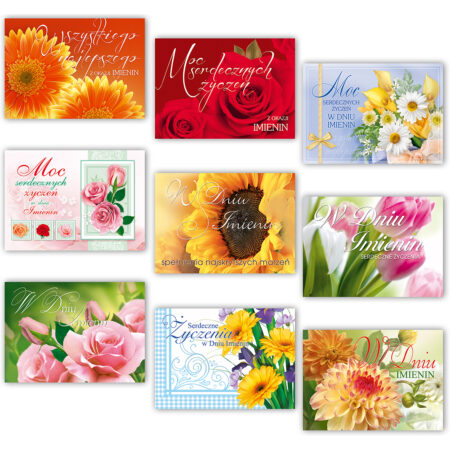 Kartki z życzeniami z motywem kwiatowym.