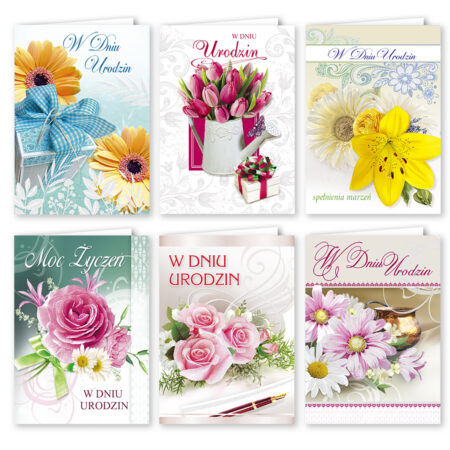 Kartki z motywem kwiatowym i napisem "w dniu urodzin".