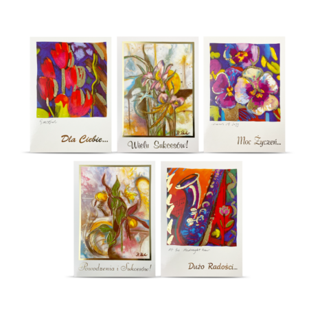 Kartki ozdobne z motywami kwiatowymi i różnymi napisami (Dla Ciebie..., Wielu sukcesów!, Moc życzeń..., Powodzenia i sukcesów! oraz Dużo radości...).