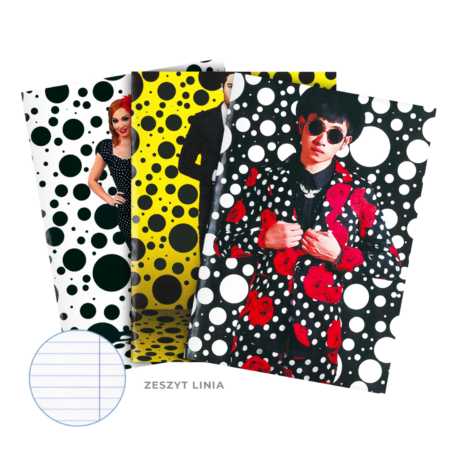 Zdjęcie przedstawia różne wzory okładek postaciami na tłach w kropki.