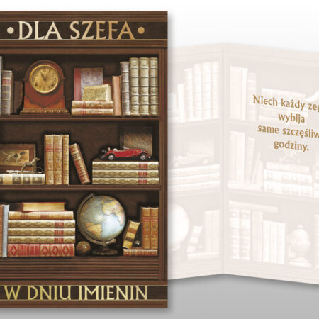 Elegancka kartka imieninowa dla szefa, przedstawiająca stylową biblioteczkę z zegarem, książkami i globusem, z życzeniami: „Niech każdy zegar wybija same szczęśliwe godziny.”
