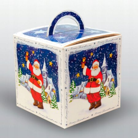 Pudełko świąteczne prezentowe biało-niebieskie ze świętym Mikołajem.