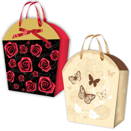 Torebki ozdobne prezentowe jedna w kolorze czarnym z różami z złotym elementem z czerwoną kokardką, druga beżowa z brązowymi motylkami.