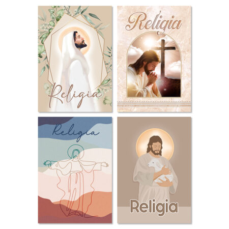 Zeszyty do religii z różnymi okładkami.