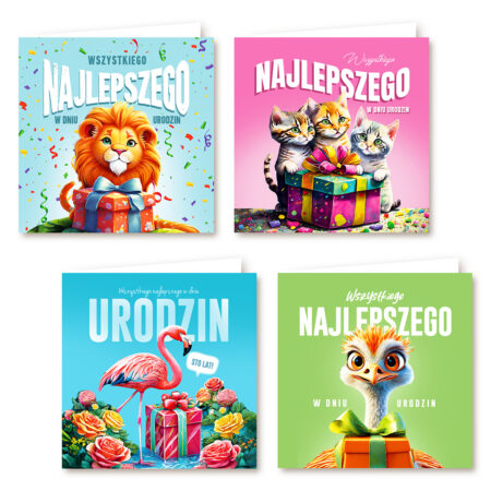 Kartki urodzinowe z motywem zwierzątek (lew, kotki, flaming, struś).