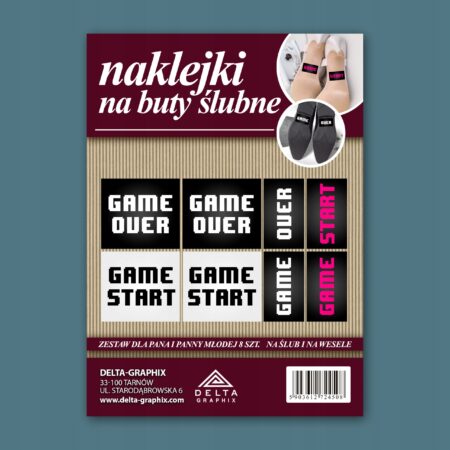 Naklejki na buty ślubne z napisem game over, game start