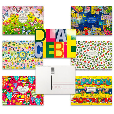 Kartki z życzeniami w różne wzorki.