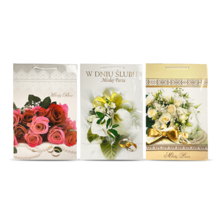 Torebki ślubne z motywem kwiatowym.