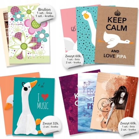 Zestaw 10 zeszytów w tym 2 sztuki brulionów, 3 sztuki zeszyt 60 kartek i gwarantowane 5 sztuk zeszytów z Gąska (2x 32kartki oraz 3x 60 kartek).