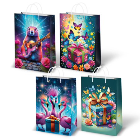 Torby prezentowe motywem kwiatów, motyli, flamingów oraz świstakiem grającym na gitarze.