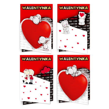 Przedstawione 4 wzory karnetów wielkanocnych z motywem myszek, miśków oraz pary. Na każdym karnecie napis walentynka u góry oraz motywy z sercem