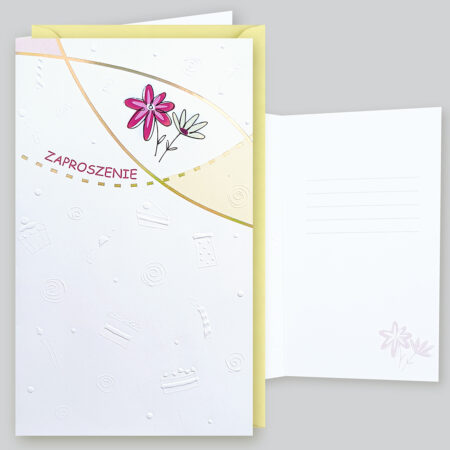 Białe zaproszenie na urodziny z wypukłymi elementami oraz kolorowymi kwiatuszkami.