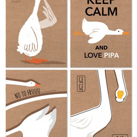 Cztery zeszyty z Gąską Pipą na brązowym tle z napisami Gę, Gę, Keep calm and love Pipa, No to fruuu, Daj dzióba