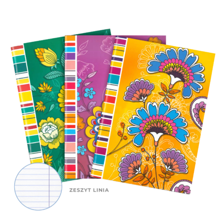 Zeszyty z okładkami w kwiatowe wzory w kolorach: różowym, żółtym, zielonym.