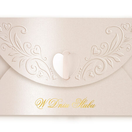 Perłowa koperta na grosik ślubny z wytłoczonym wzorkiem i złotym napisem W Dniu Ślubu
