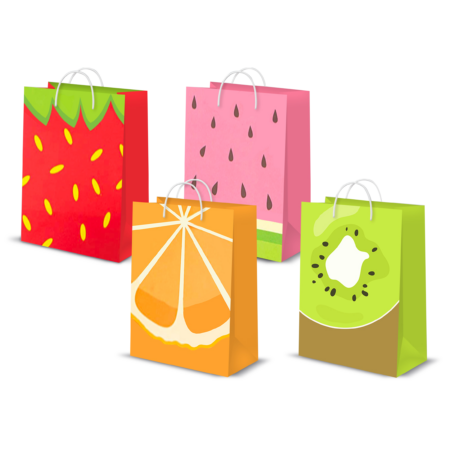 Torebki ozdobne z owocowym motywem.