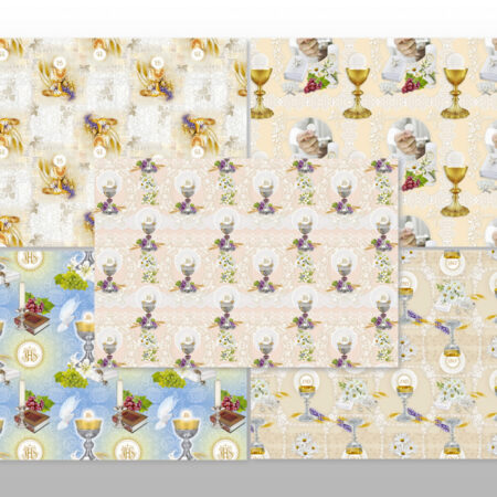 Mix papierów do pakowania prezentów na komunię kolorowy z motywem kielicha w kolorach ecru, niebieski