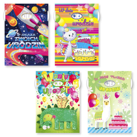 Kartki ozdobne dziecięce z okazji urodzin ze zmiennymi cyframi.