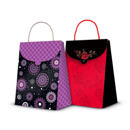 Torebki ozdobne fioletowo-czarna i czerwono-czarna.