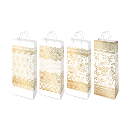 Torebki ozdobne białe ze złotymi zdobieniami.