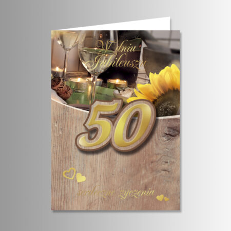 Karnet z napisem Serdeczne życzenia na jubileusz 50 lat w kolorze jasno brązowym dla mężczyzny