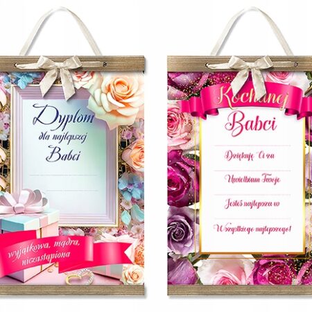 Mix czterech dyplomów dla Babci w formacie A4 kolorowy, z motywami kwiatowymi, prezentami, zakończony tekturkami, przewiązany ozdobną wstążką, można powiesić na ścianie