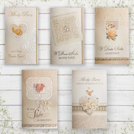 Kartki ozdobne dla młodej pary z okazji ślubu w kolorach beżu.