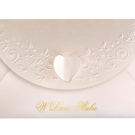 Perłowa koperta na grosik ślubny z wytłoczonym wzorkiem i złotym napisem W Dniu Ślubu
