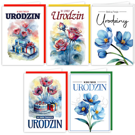 Kartki urodzinowe z motywem kwiatowym.